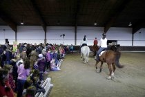 Schauspieler Louis Held und Drehbuchautorin Wenka von Mikulicz lesen aus dem Buch der Reiterhof-Abenteuer von Bibi und Tina im Zentrum für Therapeutisches Reiten Köln  (© Thomas Brill)