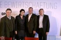 Georg Quander, Birgit Meyer, Uwe Eric Laufenberg und Marcus Stenz bei der Jahrespressekonferenz der Oper Köln im Opernhaus Köln (© Thomas Brill)